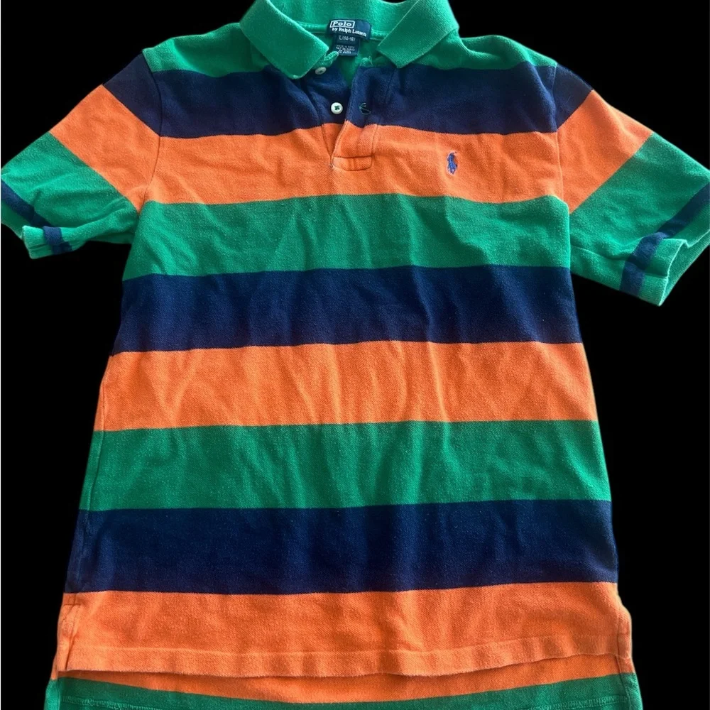 Boys Polo Ralph Lauren Striped Polo Shirt - Green, Orange, and Navy - Picture 1 of 5